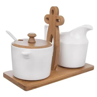 Sladkornica in posoda za smetano, bel porcelan, v stojalu, WHITELINE, 2x 280 ml, 3 kosi.