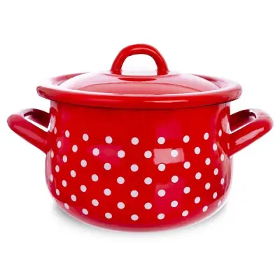 Emajliran lonec TECKA s pokrovom, rdeč, pikčast, 16 cm, 2,3 l