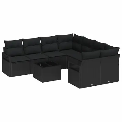 vidaXL Vrtna sedežna garnitura 9 pcs Črna 55 x 55 x 37 cm poli ratan