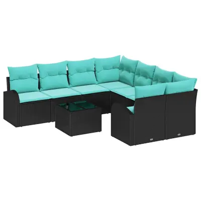 vidaXL Vrtna sedežna garnitura 9 pcs Črna in turkizna 55 x 55 x 37 cm