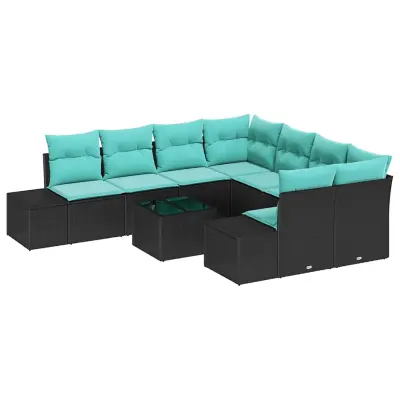 vidaXL Vrtna sedežna garnitura 9 pcs Črna in turkizna 55 x 55 x 37 cm