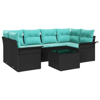 vidaXL Vrtna sedežna garnitura 7 pcs Črna in turkizna 55 x 55 x 37 cm