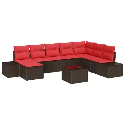 vidaXL Vrtna sedežna garnitura 9 pcs Rjava in rdeča 319 x 209 x 85 cm