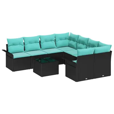vidaXL Vrtna sedežna garnitura 9 pcs Črna in turkizna 55 x 55 x 37 cm
