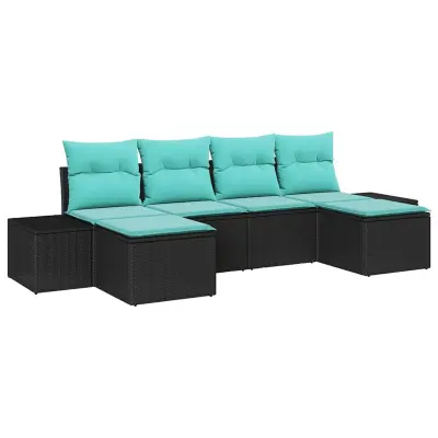 vidaXL Vrtna sedežna garnitura 6 pcs Črna in turkizna 184 x 62 x 85 cm
