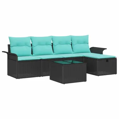 vidaXL Vrtna sedežna garnitura z blazino 6 pcs Črna Poly ratan