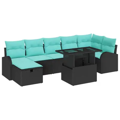 vidaXL Vrtna sedežna garnitura z blazino 8 pcs Črna Poly ratan