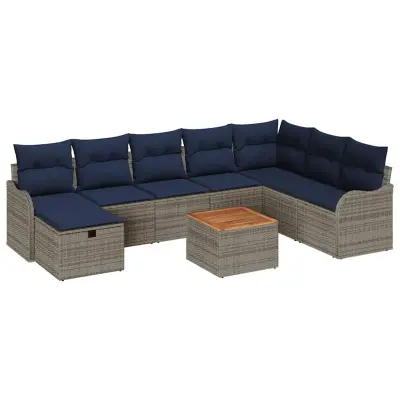 vidaXL Vrtna sedežna garnitura z blazino 9 pcs Siva Poly ratan