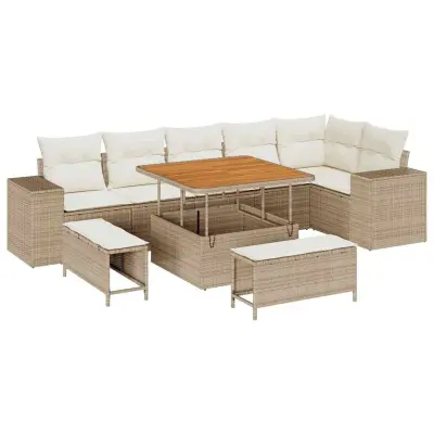 vidaXL Vrtna sedežna garnitura z blazino 9 pcs Bež in smetanova
