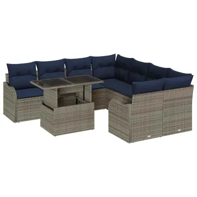 vidaXL Vrtna sedežna garnitura z blazino 9 pcs Siva Poly ratan