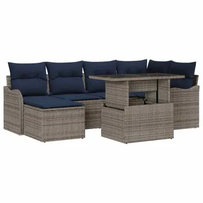 vidaXL Vrtna sedežna garnitura z blazino 7 pcs Siva Poly ratan