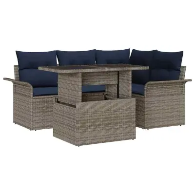 vidaXL Vrtna sedežna garnitura z blazino 5 pcs Siva Poly ratan