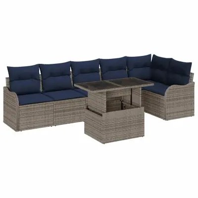 vidaXL Vrtna sedežna garnitura z blazino 7 pcs Siva Poly ratan