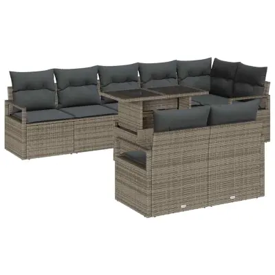 vidaXL Vrtna sedežna garnitura s shranjevanjem 9 pcs Siva Poly ratan