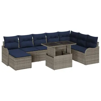 vidaXL Vrtna sedežna garnitura z blazino 9 pcs Siva Poly ratan