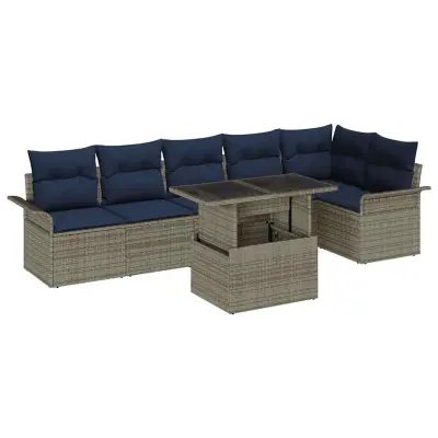 vidaXL Vrtna sedežna garnitura z blazino 7 pcs Siva Poly ratan