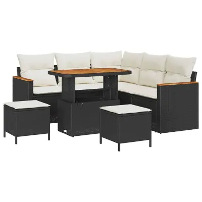 vidaXL Vrtna sedežna garnitura z blazino 8 pcs Črna Poly ratan