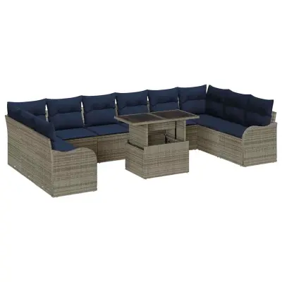 vidaXL Vrtna sedežna garnitura z blazino 11 pcs Siva Poly ratan