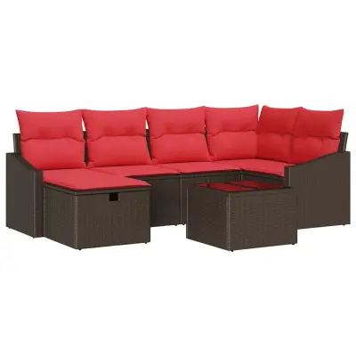 vidaXL Vrtna sedežna garnitura z blazino 7 pcs Rjava Poly ratan