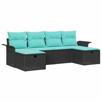 vidaXL Vrtna sedežna garnitura z blazino 6 pcs Črna Poly ratan