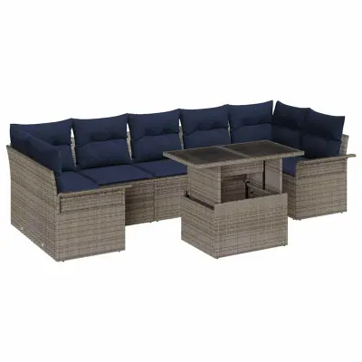 vidaXL Vrtna sedežna garnitura z blazino 8 pcs Siva Poly ratan