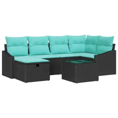 vidaXL Vrtna sedežna garnitura z blazino 7 pcs Črna Poly ratan