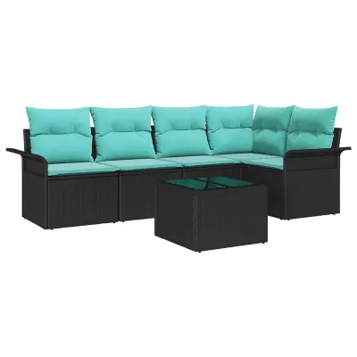 vidaXL Vrtna sedežna garnitura z blazino 6 pcs Črna Poly ratan