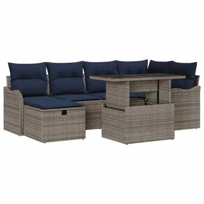 vidaXL Vrtna sedežna garnitura z blazino 7 pcs Siva Poly ratan