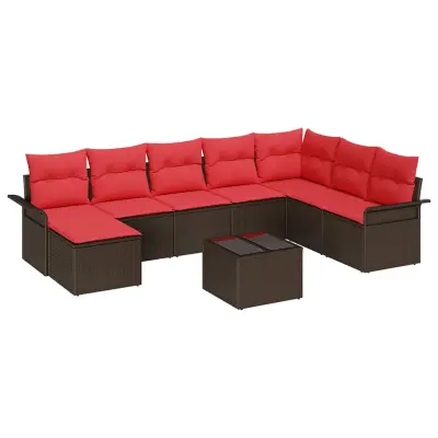 vidaXL Vrtna sedežna garnitura z blazino 9 pcs Rjava Poly ratan