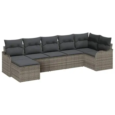 vidaXL Vrtna sedežna garnitura z blazino 7 pcs Siva Poly ratan