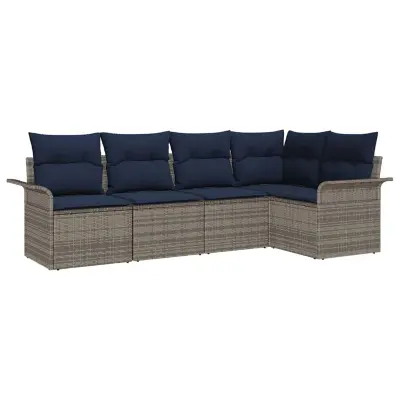 vidaXL Vrtna sedežna garnitura z blazino 5 pcs Siva Poly ratan