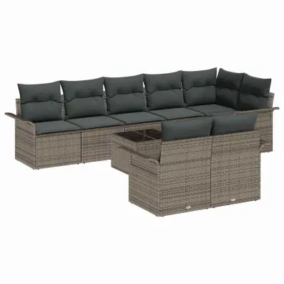 vidaXL Vrtna sedežna garnitura z blazino 9 pcs Siva Poly ratan