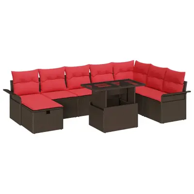 vidaXL Vrtna sedežna garnitura z blazino 9 pcs Rjava Poly ratan