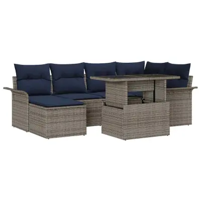 vidaXL Vrtna sedežna garnitura z blazino 7 pcs Siva Poly ratan