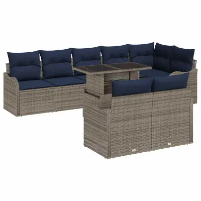 vidaXL Vrtna sedežna garnitura z blazino 9 pcs Siva Poly ratan