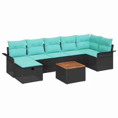 vidaXL Vrtna sedežna garnitura z blazino 8 pcs Črna Poly ratan