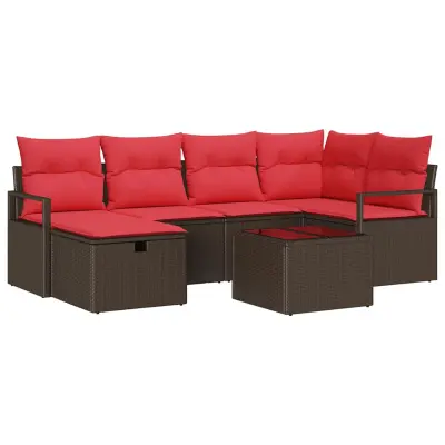 vidaXL Vrtna sedežna garnitura z blazino 7 pcs Rjava Poly ratan