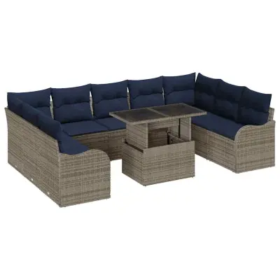 vidaXL Vrtna sedežna garnitura z blazino 10 pcs Siva Poly ratan