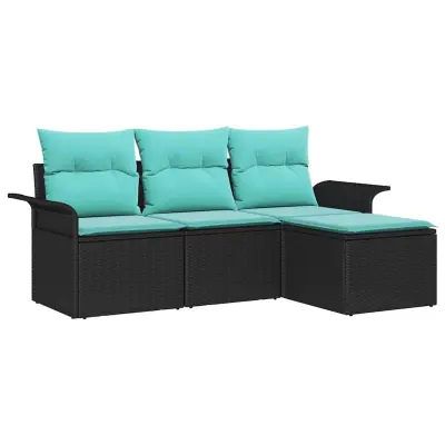 vidaXL Vrtna sedežna garnitura z blazino 4 pcs Črna Poly ratan