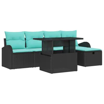 vidaXL Vrtna sedežna garnitura z blazino 6 pcs Črna Poly ratan