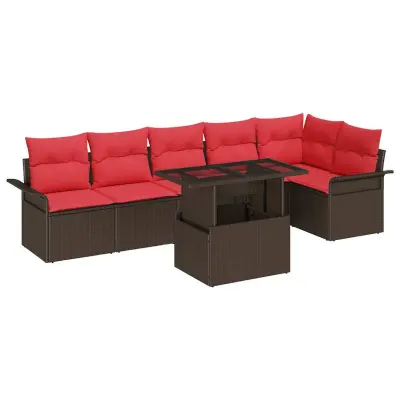 vidaXL Vrtna sedežna garnitura z blazino 7 pcs Rjava Poly ratan