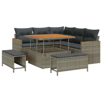 vidaXL Vrtna sedežna garnitura z blazino 8 pcs Siva Poly ratan