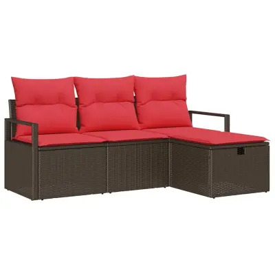 vidaXL Vrtna sedežna garnitura z blazino 4 pcs Rjava Poly ratan