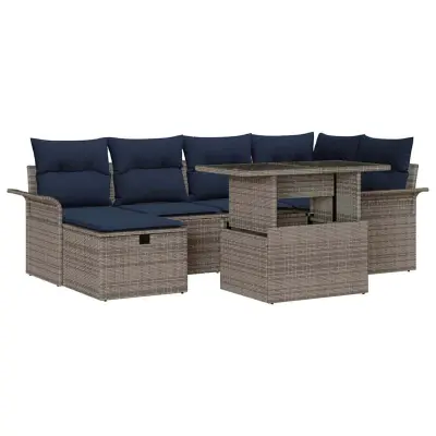 vidaXL Vrtna sedežna garnitura z blazino 7 pcs Siva Poly ratan