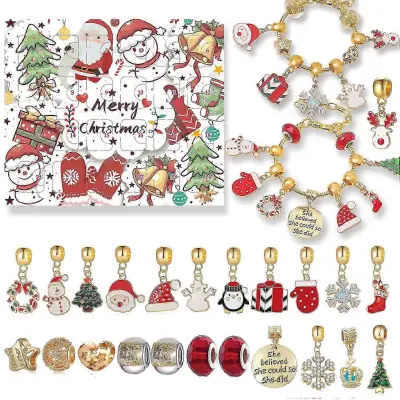 2023 Hot Santa Claus Golden Countdown Calendar Set zapestnic Otroška diy božična zapestnica ogrlica slepa škatla Adventni koledar