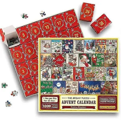 Adventni koledar 2023 Christmas Coming Calendar Jigsaw 1000 kosov Rdeča brez.