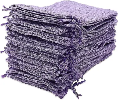 30 kosov vrečk iz jute za večkratno uporabo - 10x15 cm z vrvico za darila (svetlo vijolične)