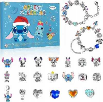 Adventni koledar Stich z 2 zapestnicama in 22 kosi unikatnih kroglic z risankami