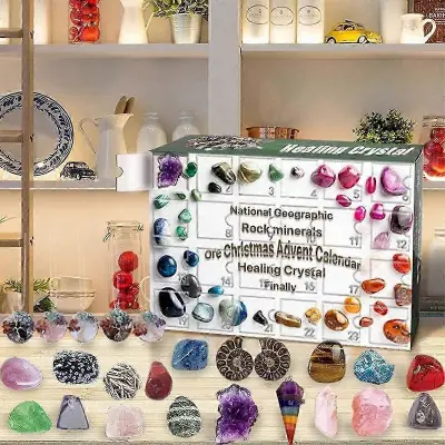 Adventni koledar Gemstone 2024 Otroci, 24 presenečenj, 23 naravnih kamnov in dragih kamnov za učenje, zbiranje, božično darilo za dekleta in fante