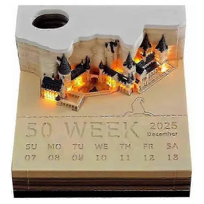 Time Piece koledar, 2025 namizni koledar Memo Pad, 3D Magic Castle Time Piece beležka z lučkami
